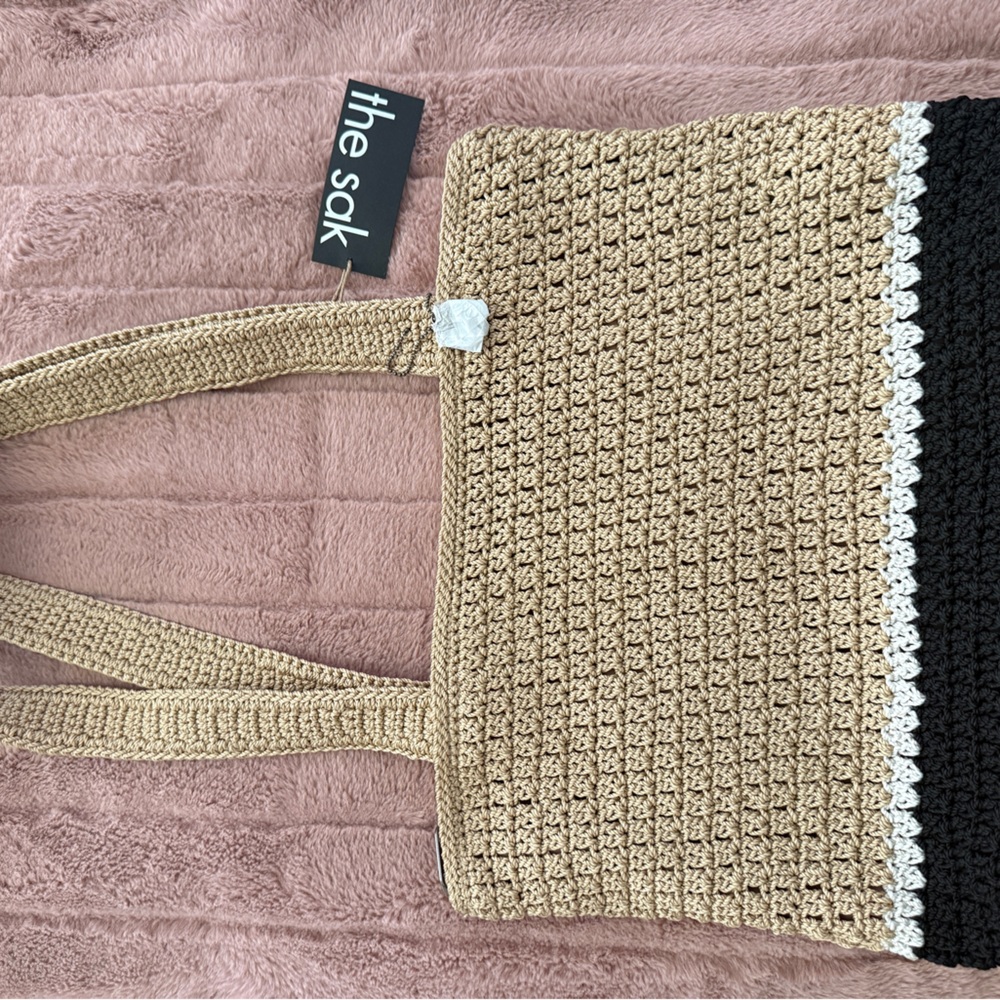The Sak Tan Crochet Tote with Black and Cream Trim